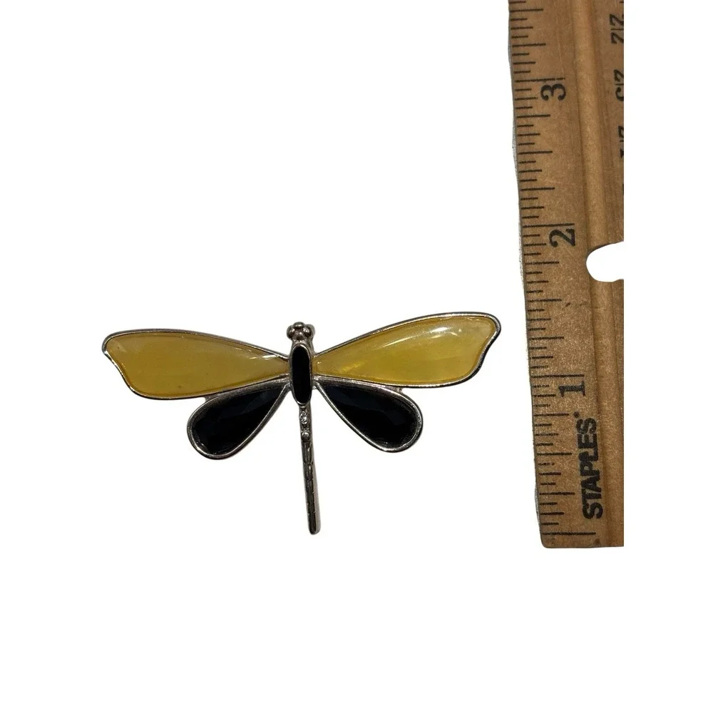 Vintage Silver Tone Rhinestone Glossy Yellow Black Dragonfly Insect Brooch Pin